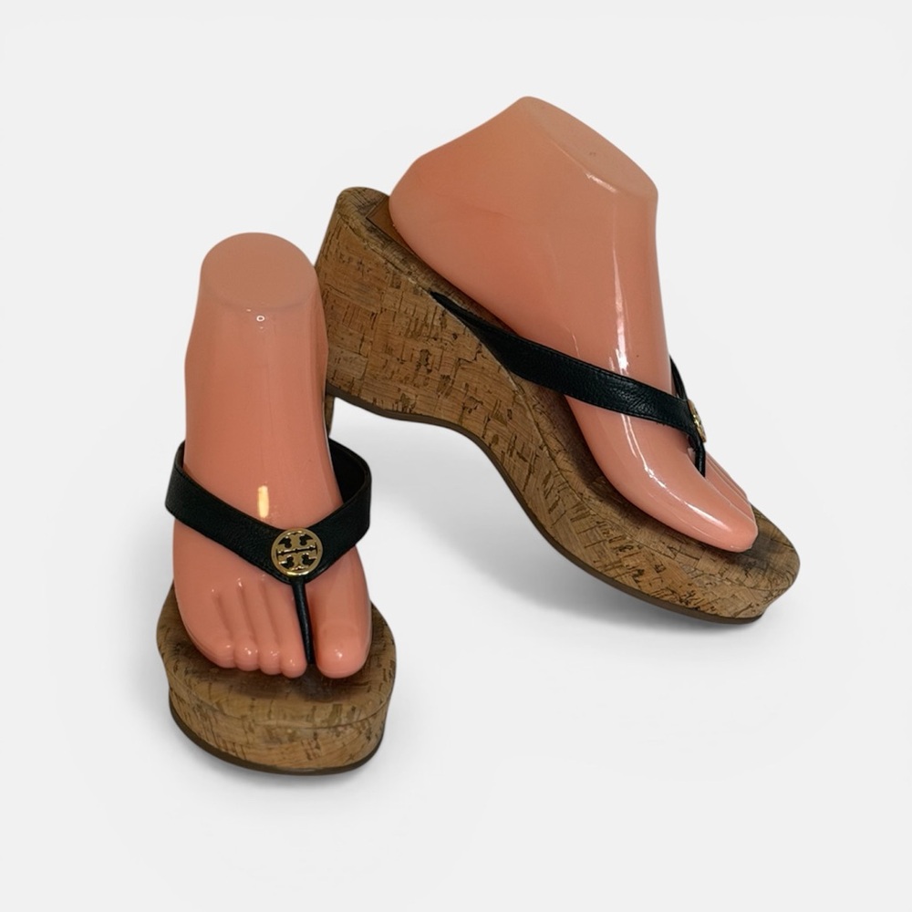 Tory Burch Thora Cork Wedge Thong Sandals Black Leather Logo Size 9